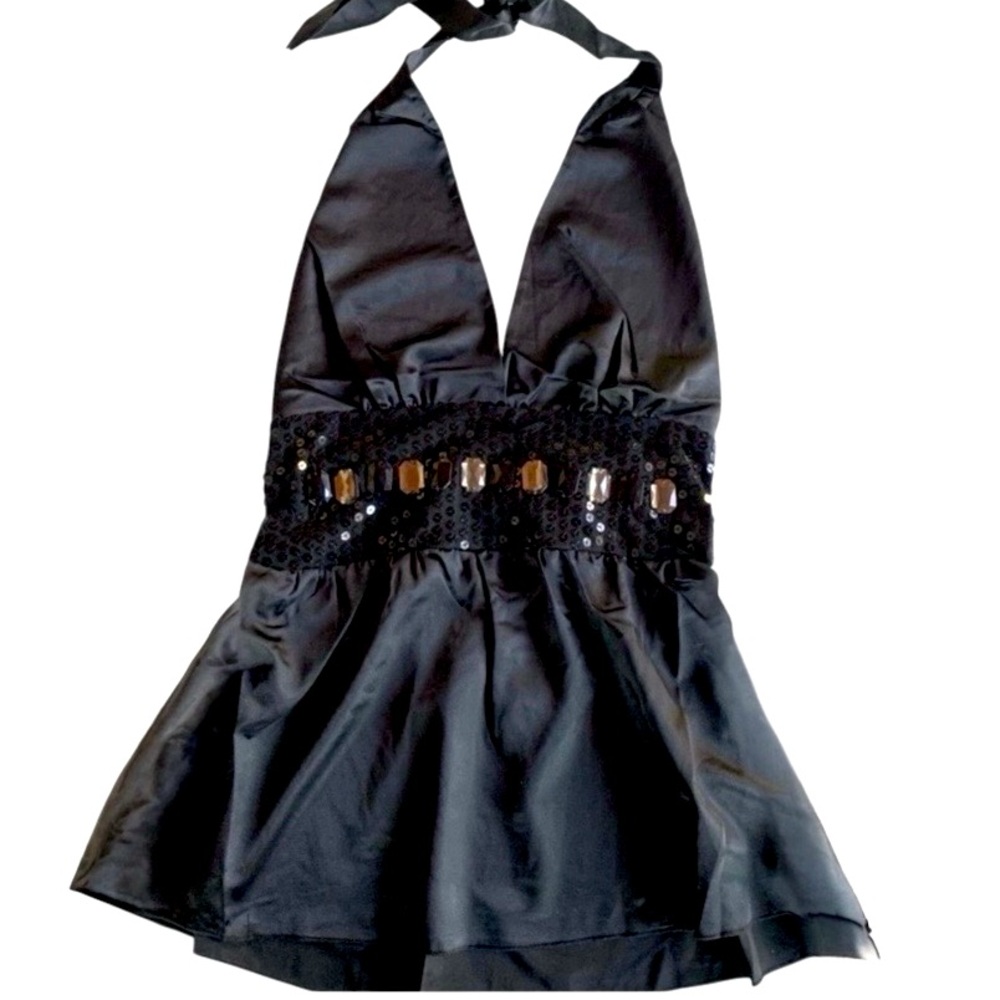 Chaudry KC Satin Halter Neck Top Black Sequined Jeweled Empire Waistband NWT - Picture 5 of 10
